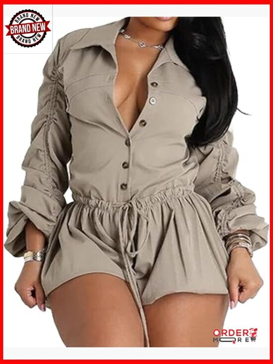 Pants - Long Sleeve Jumpsuit Romper High Waist Cargo Shorts Drawstring Casual Cowgirl